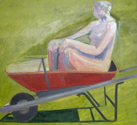 Nude in Wheelbarrow (Side View), 2005, oil on wooden panel, 18 x 19 3/4 inches