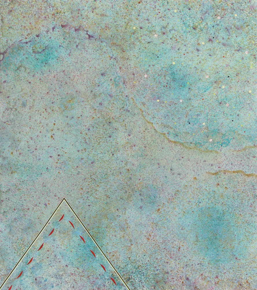 Textured, atmospheric abstract painting with of washes of tan over washes of blue-green, and the outline of a triangle in the bottom left corner
