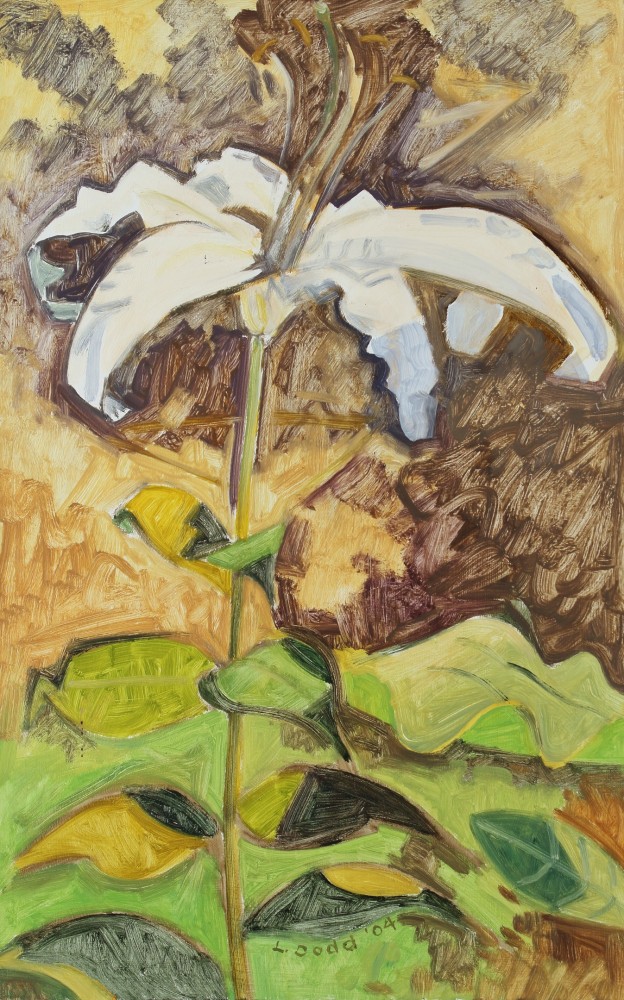 Painting of a white flower on a brown and yellow ground