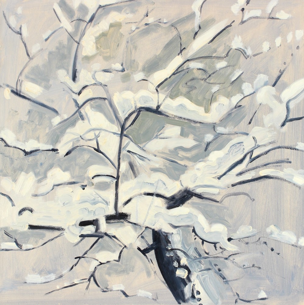 Painting of a leafless tree covered in tufts of snow with a grey sky in the background