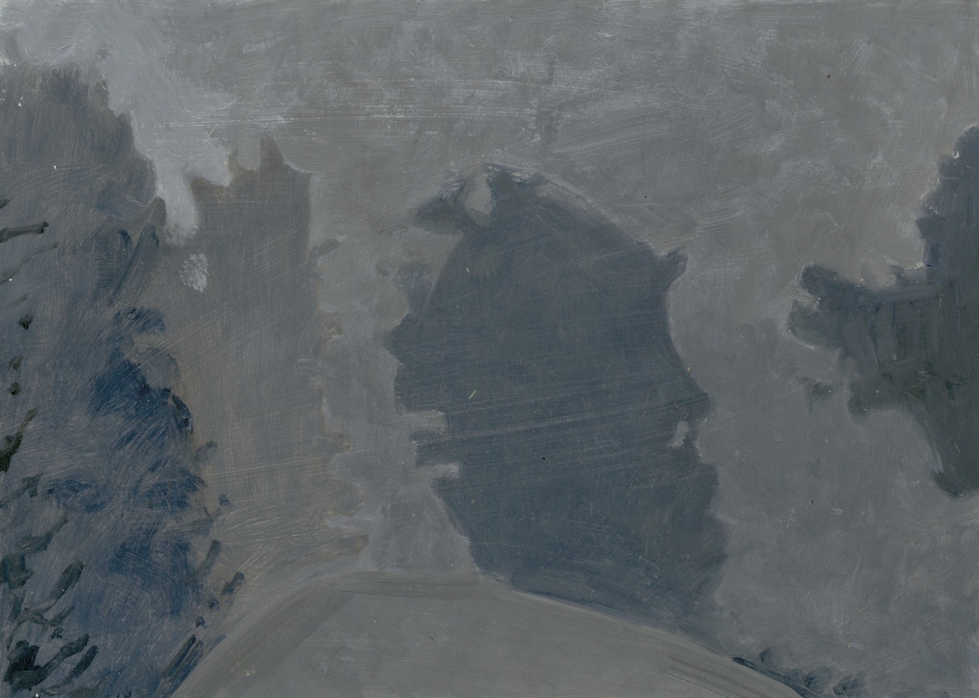 Painting of a dark, fog-covered landscape