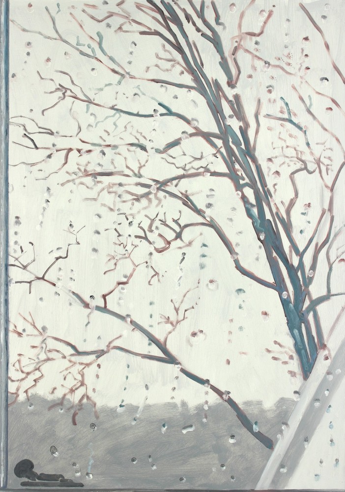 Painting of an interior window covered in water droplets, looking out at a bare tree with a grey sky in the background