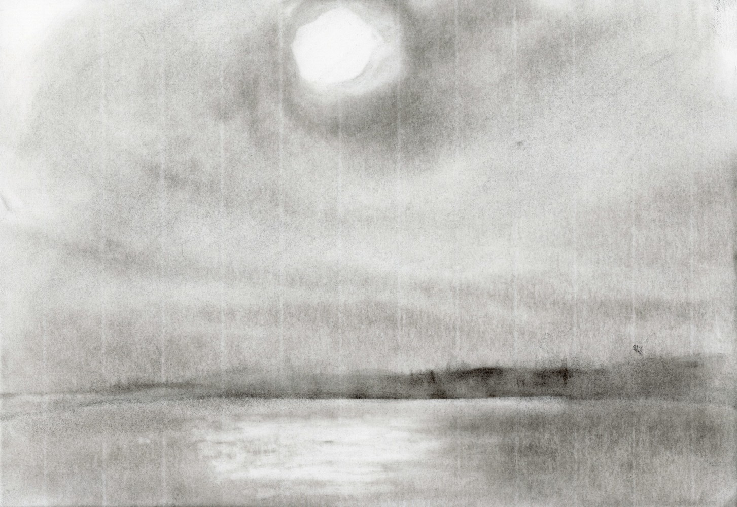 Charcoal landscape drawing of the sky and sea on a bright morning