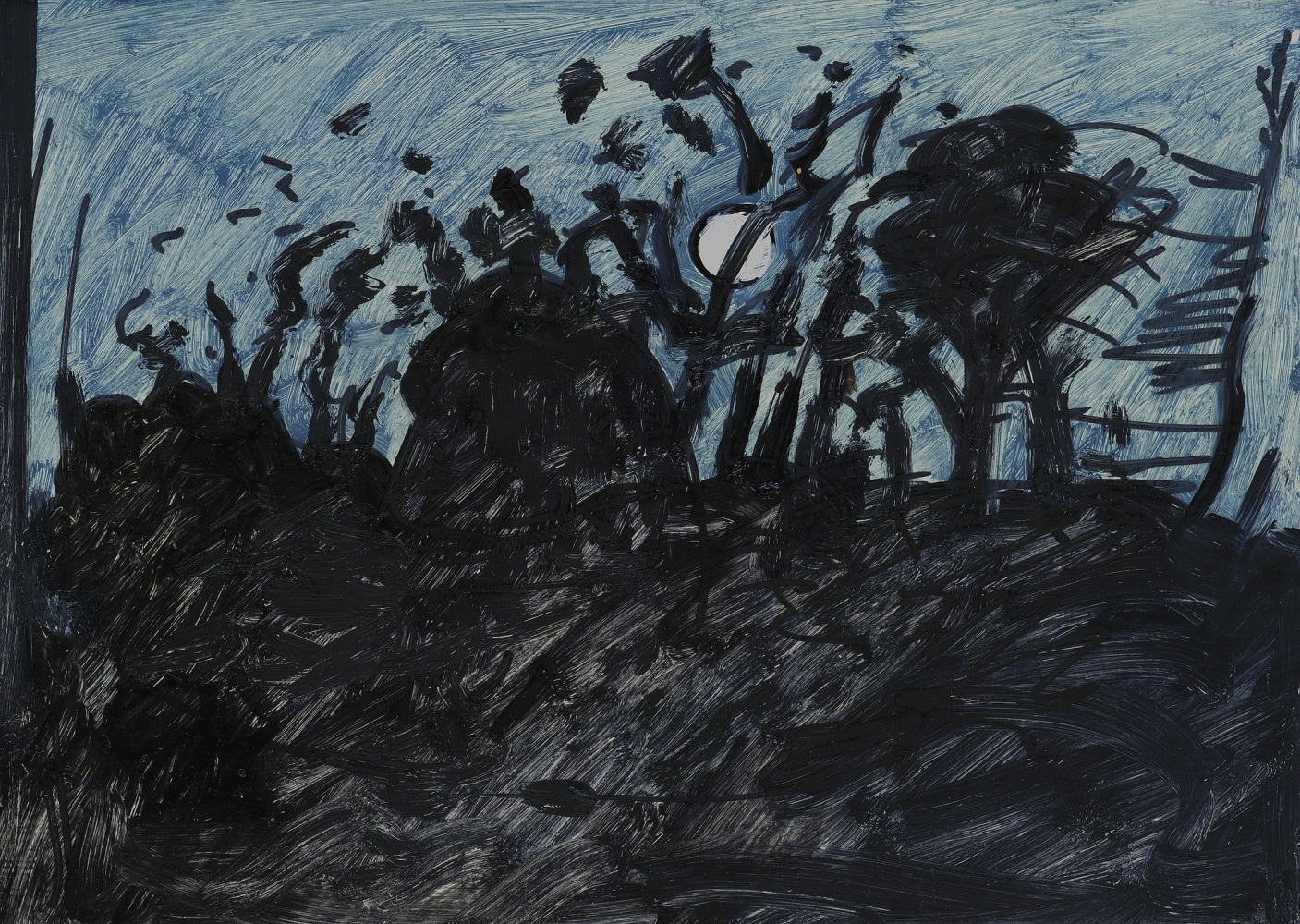 Painting of a full moon behind the black silhouettes of trees