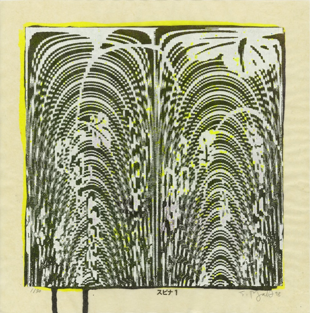 Abstract, geometric woodcut with black black forms on a white and yellow background