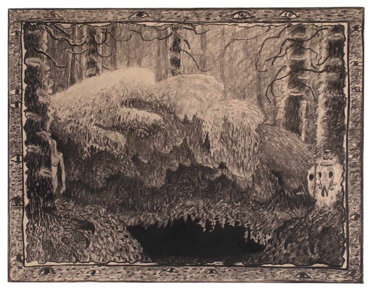 Charcoal drawing of a surreal forest scene with a figure peeking out from behind a tree on the left and a skull in the trunk of a tree on the right