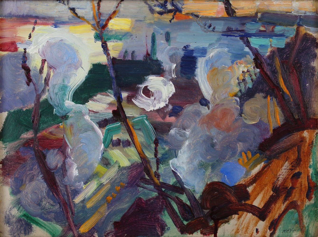 Painting of an abstracted, expressionistic landscape in purple, maroon, brown, blue, and yellow