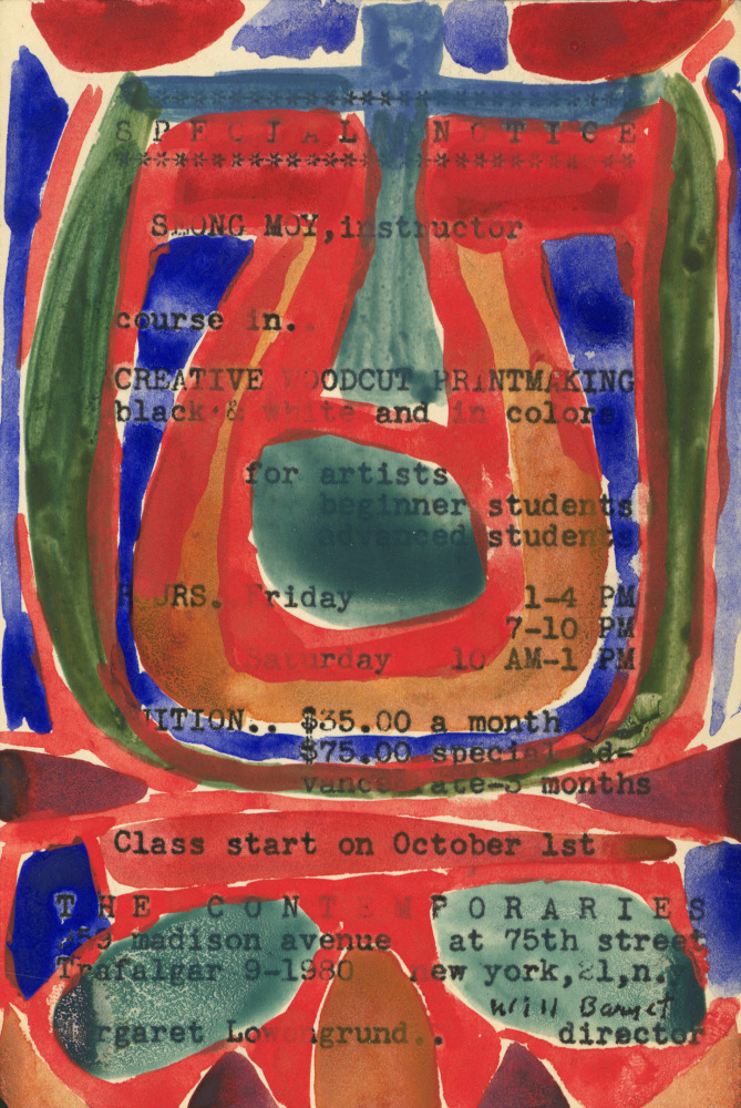 Abstract painting on paper consisting of curving blue, red, orange, and green forms over a brochure, with the text showing through the paint