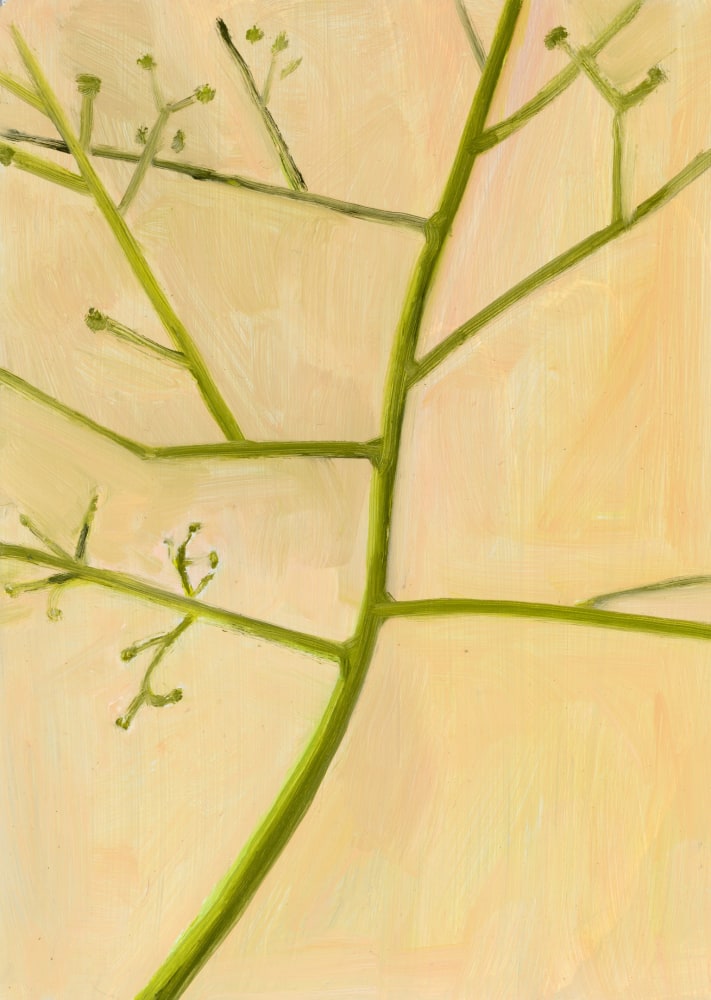 Painting of a green tree on a peach-colored ground