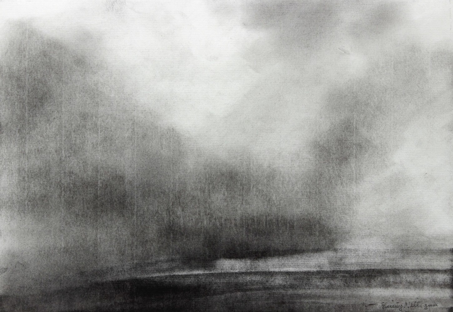 Charcoal landscape drawing of a hazy, cloud-filled sky over a dark sea