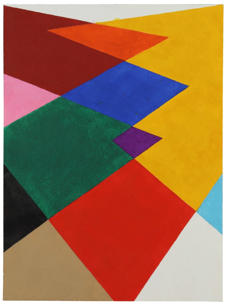 Geometric abstract painting with interlocking shapes in red, orange, green, yellow, tan, pink, purple, blue, and black