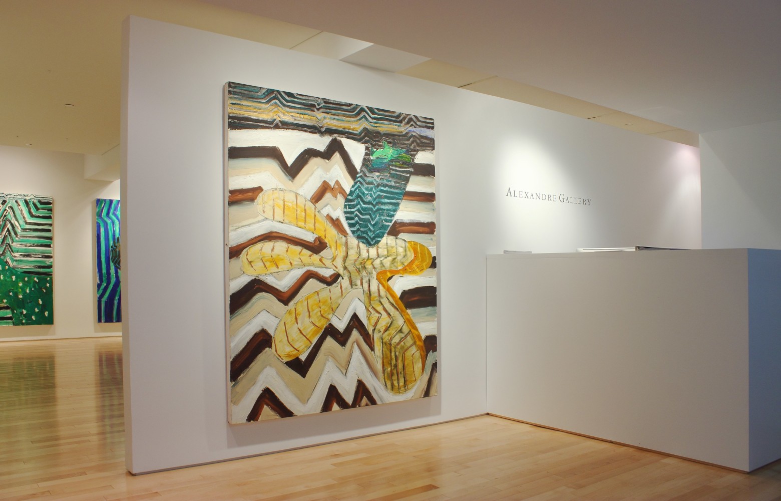Photograph showing a view of an exhibition space, with one large painting hanging on a white wall