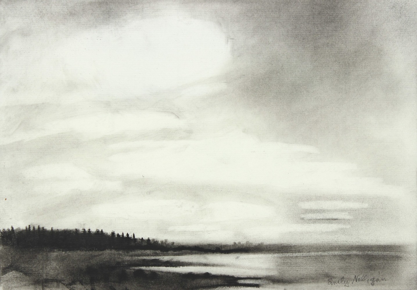 Charcoal drawing of a seaside landscape