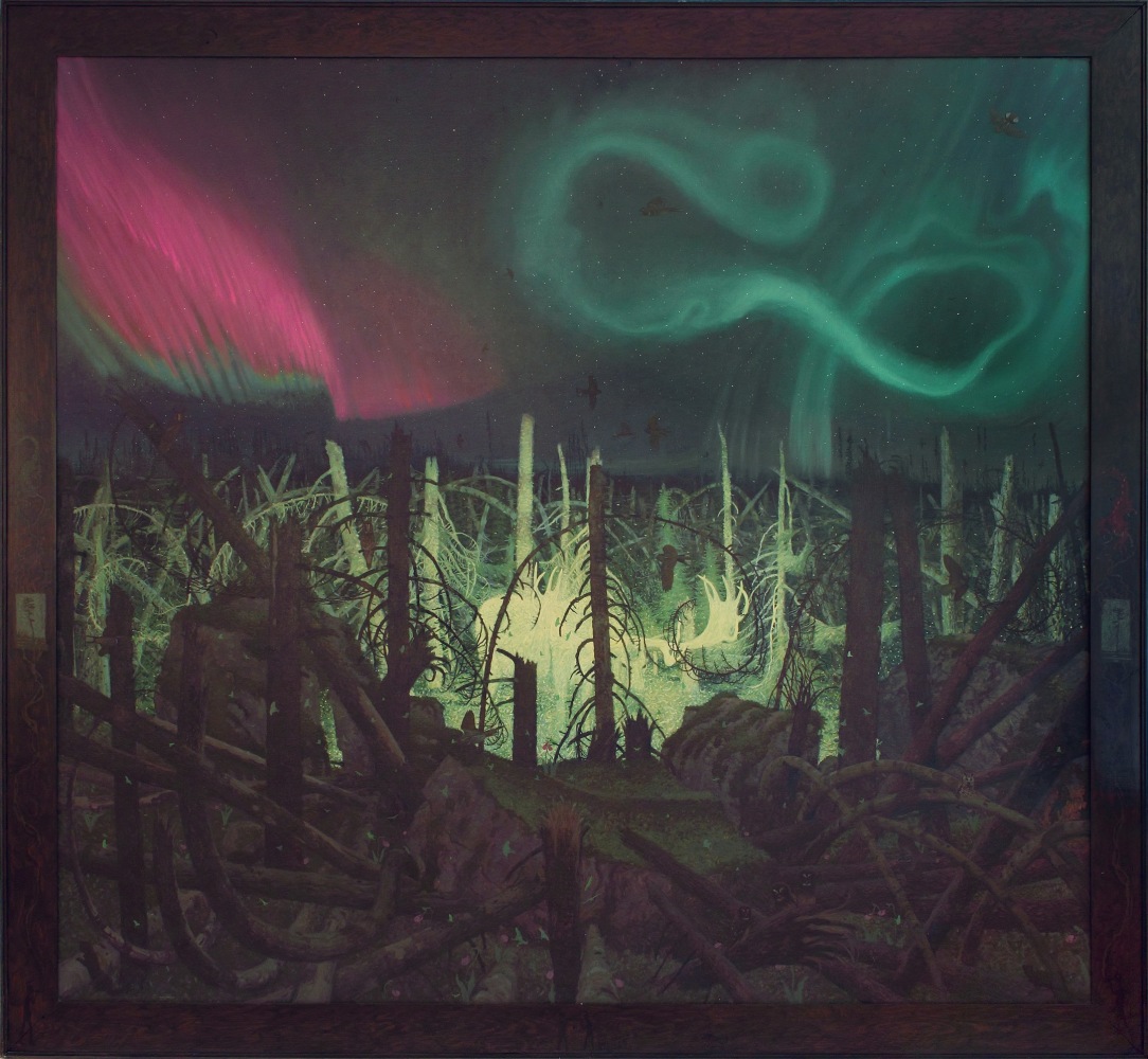 Surreal landscape painting of a nocturnal forest scene with a pale green moose in the center, and pink and green Northern Lights in the sky overhead