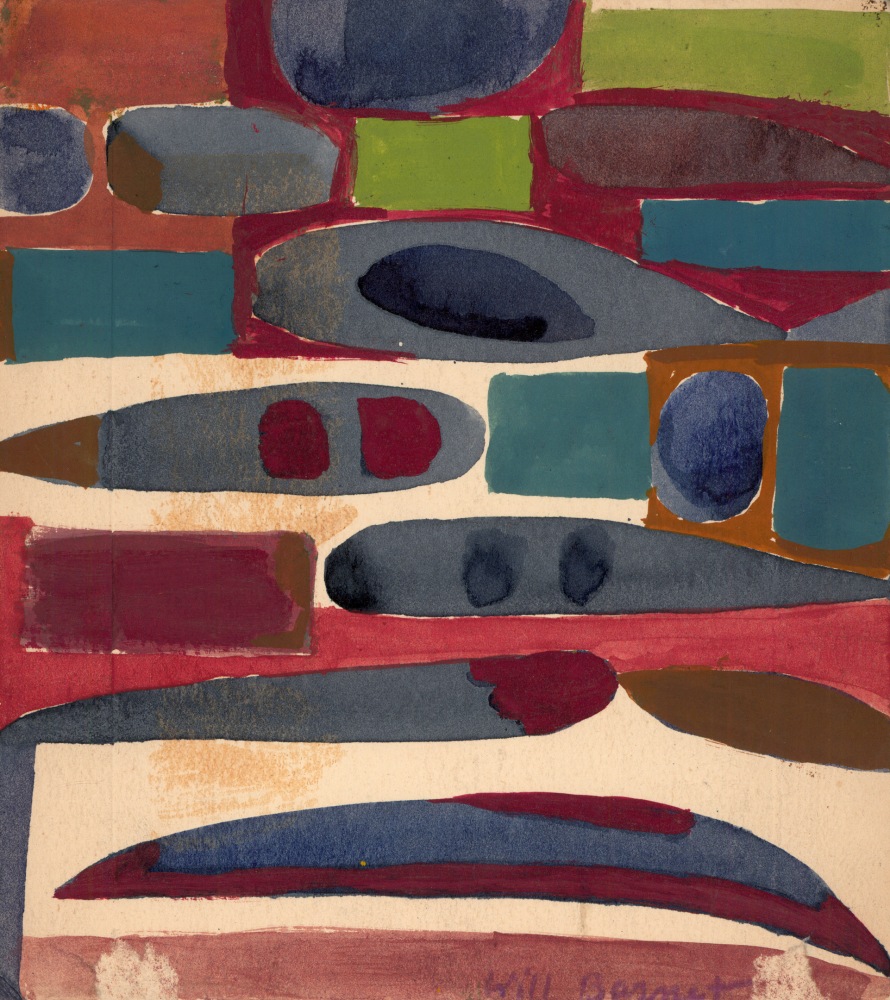 Abstract painting on paper consisting of geometric forms in blue, orange, maroon, green and gold on an ivory ground