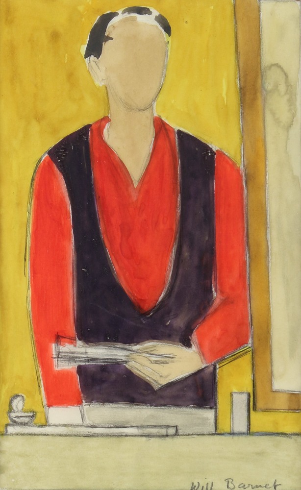 Painting of a figure in a red shirt holding a long object