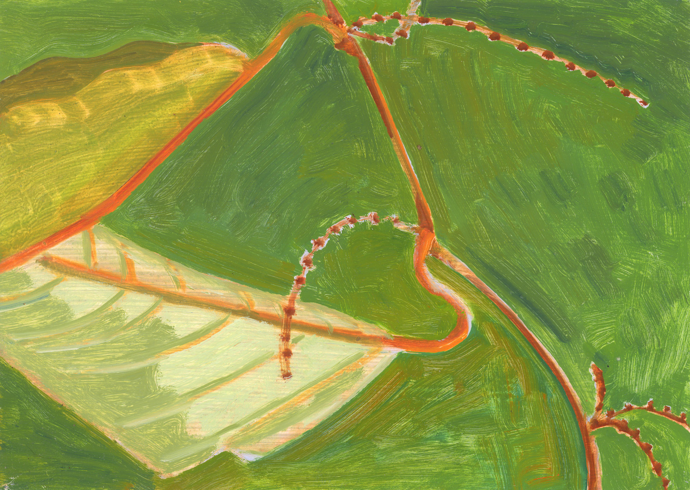 Painting of an abstracted orange plant surrounded by flat green grass