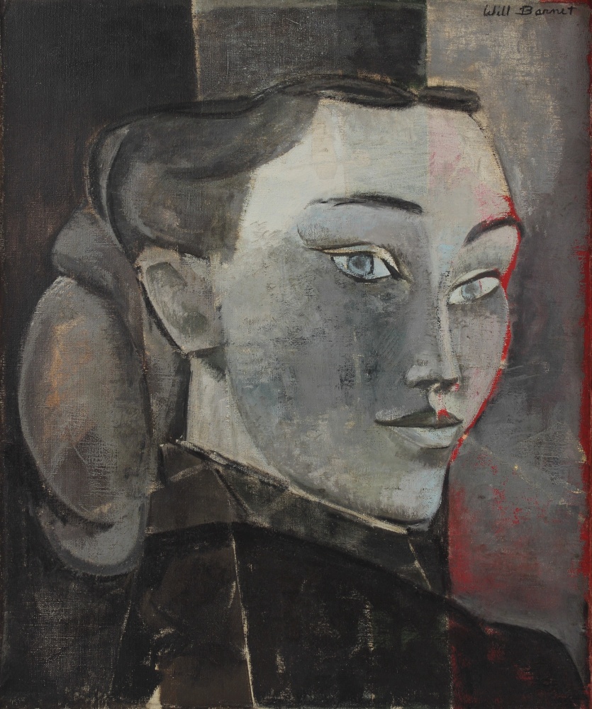 Portrait of a woman's face turning to look over her shoulder, in grey and black with a red underpainting showing through the right side