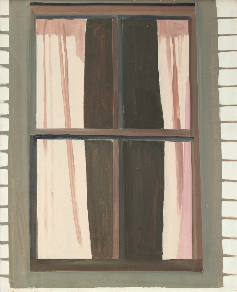 Painting of a window with parted curtains in the side of a white building