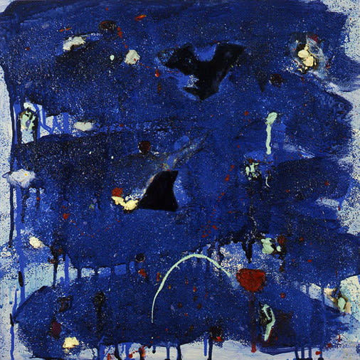 Joan Snyder,&amp;nbsp;Night, 2007, oil, acrylic, herbs, glitter, cloth on panel, 18 x 18 inches