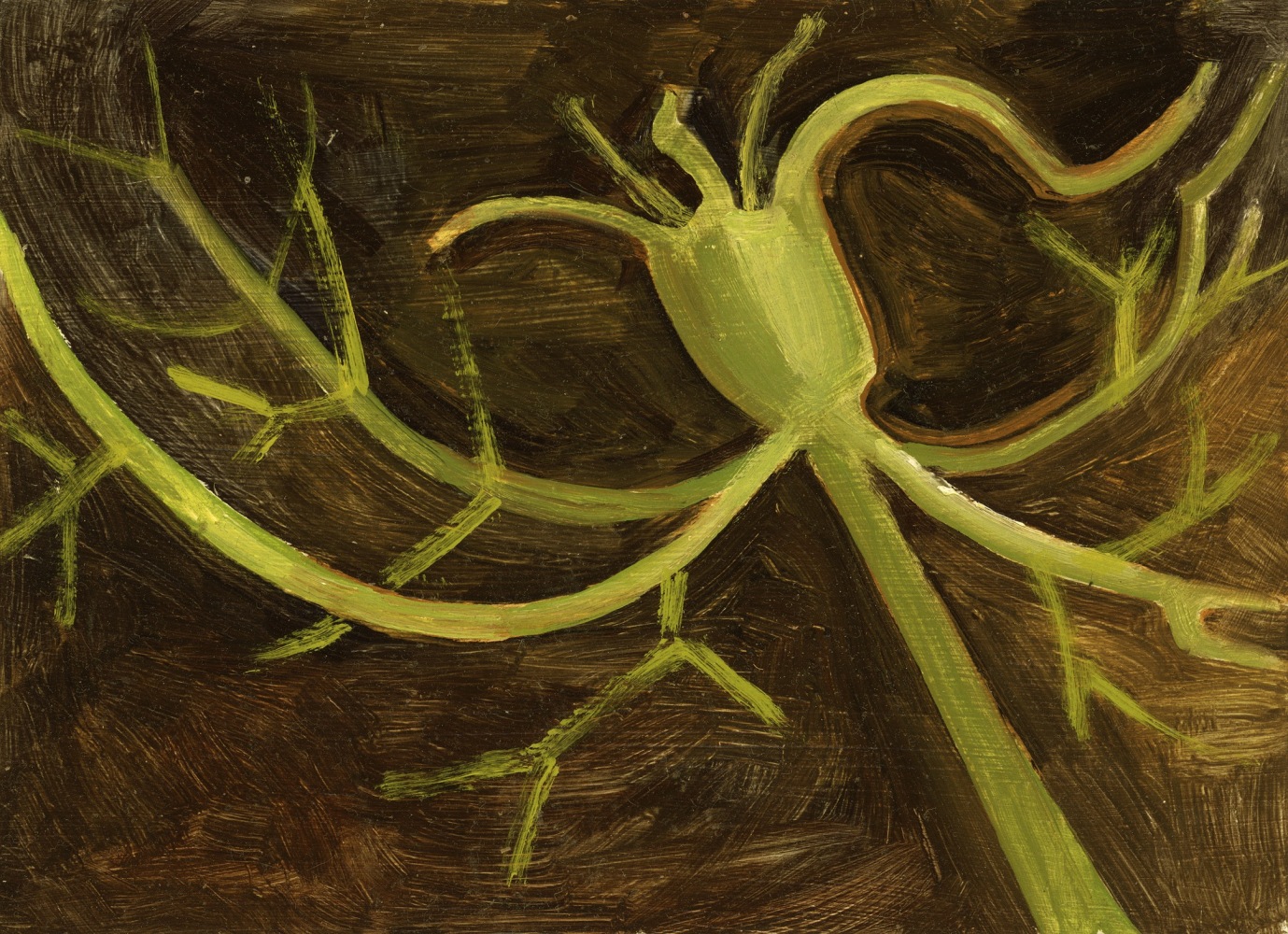 Painting of a yellow-green plant form on a brown background