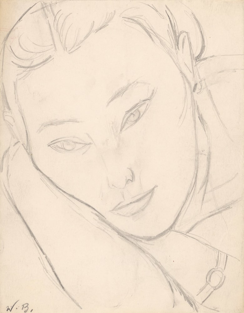 Graphite drawing of a woman with her head resting on her arms