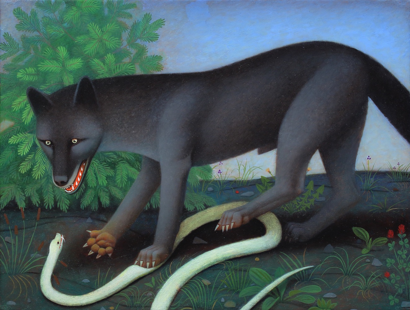 Painting of a black fox-like creature pinning down a white snake with one paw and offering help with the other