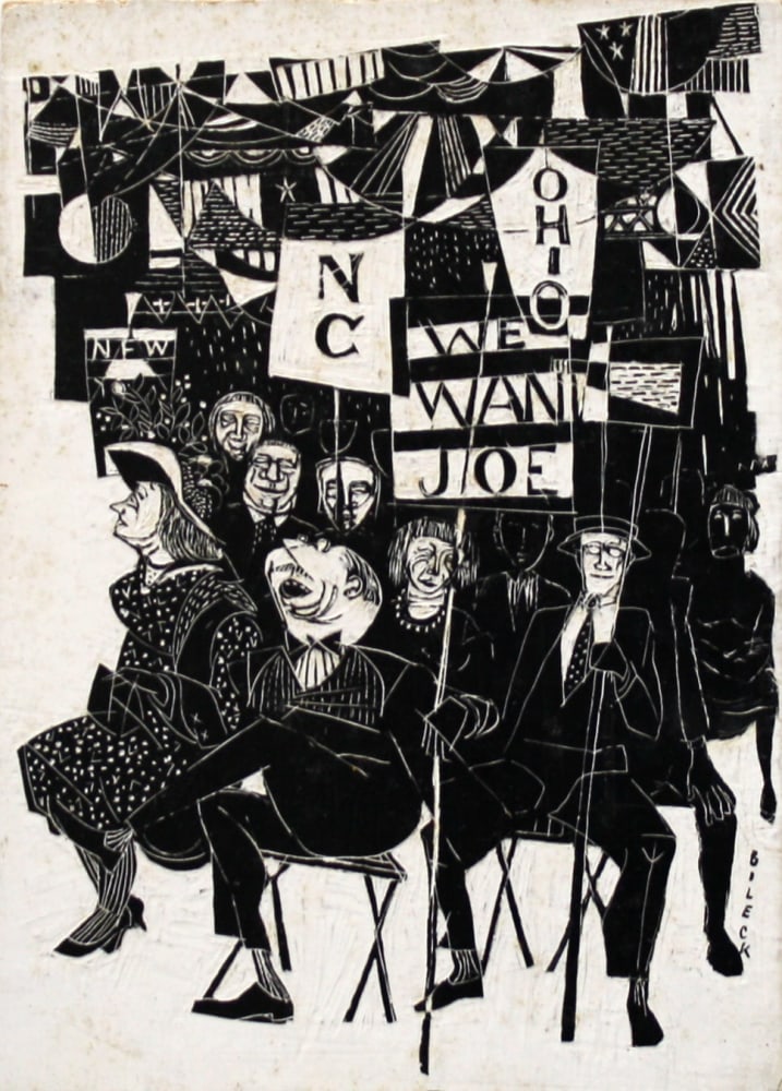 Marvin Bileck,&amp;nbsp;Untitled (We Want Joe),&amp;nbsp;c. 1955-1965, scratchboard, 3 1/16 x 2 3/8 inches