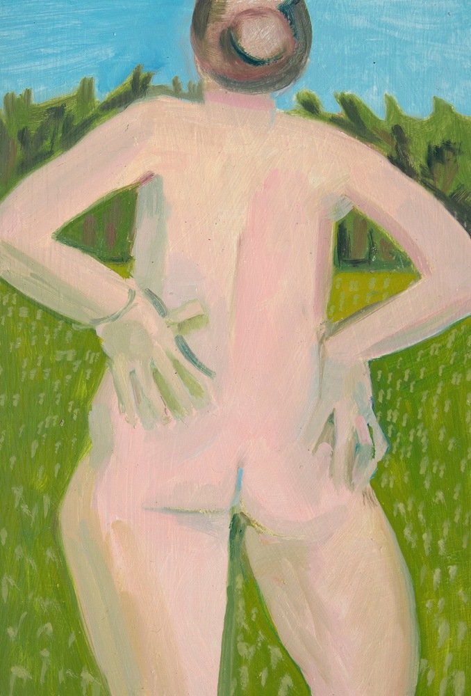 Painting of a back view of a nude figure standing outside in the grass