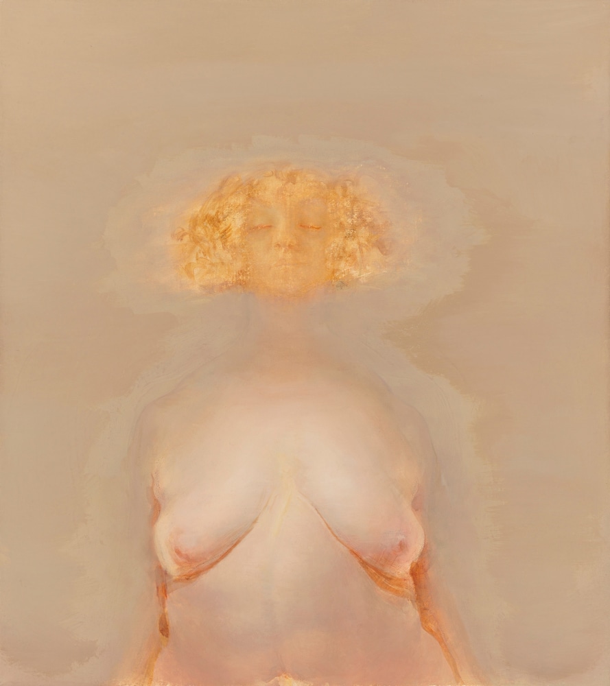 Painting of a nude figure with curly yellow hair standing against an atmospheric beige background