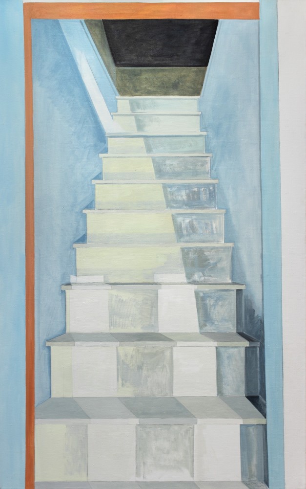 Painting of a white staircase in a blue hallway