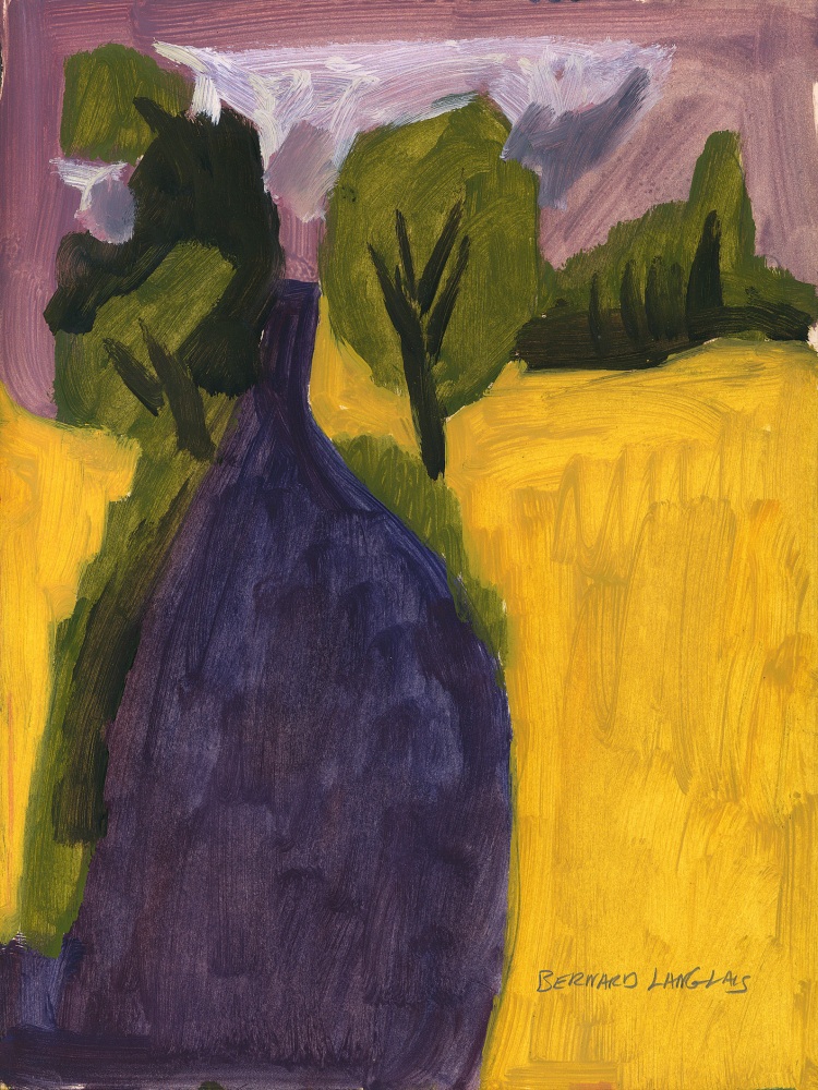 Landscape painting on paper of trees in a yellow field