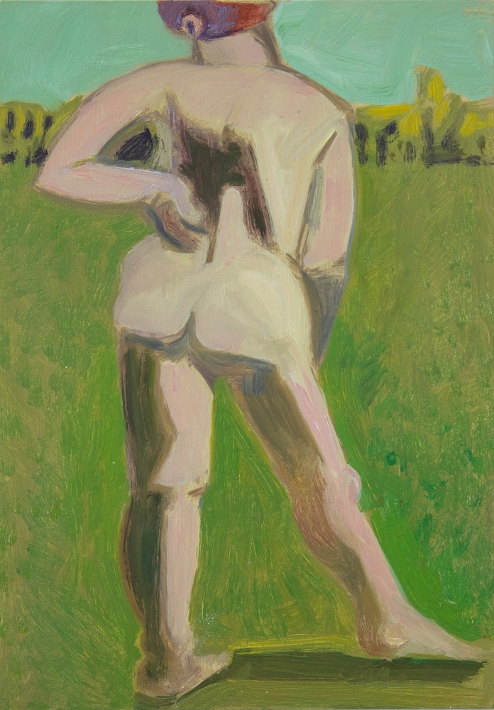 Painting of the back of a nude figure standing in the grass