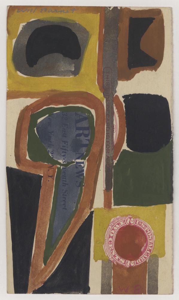 Abstract painting on paper consisting of an arrangement of forms in yellow, grey, black, brown, and blue on an ivory ground, with areas of text partially obscured by the paint