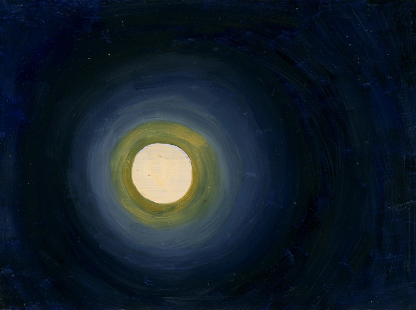 Painting of a full moon with a yellow and blue halo in a dark blue night sky
