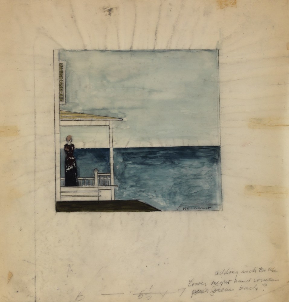 Sheet of paper with a small watercolor painting on it, with a figure standing on a porch looking out at the sea