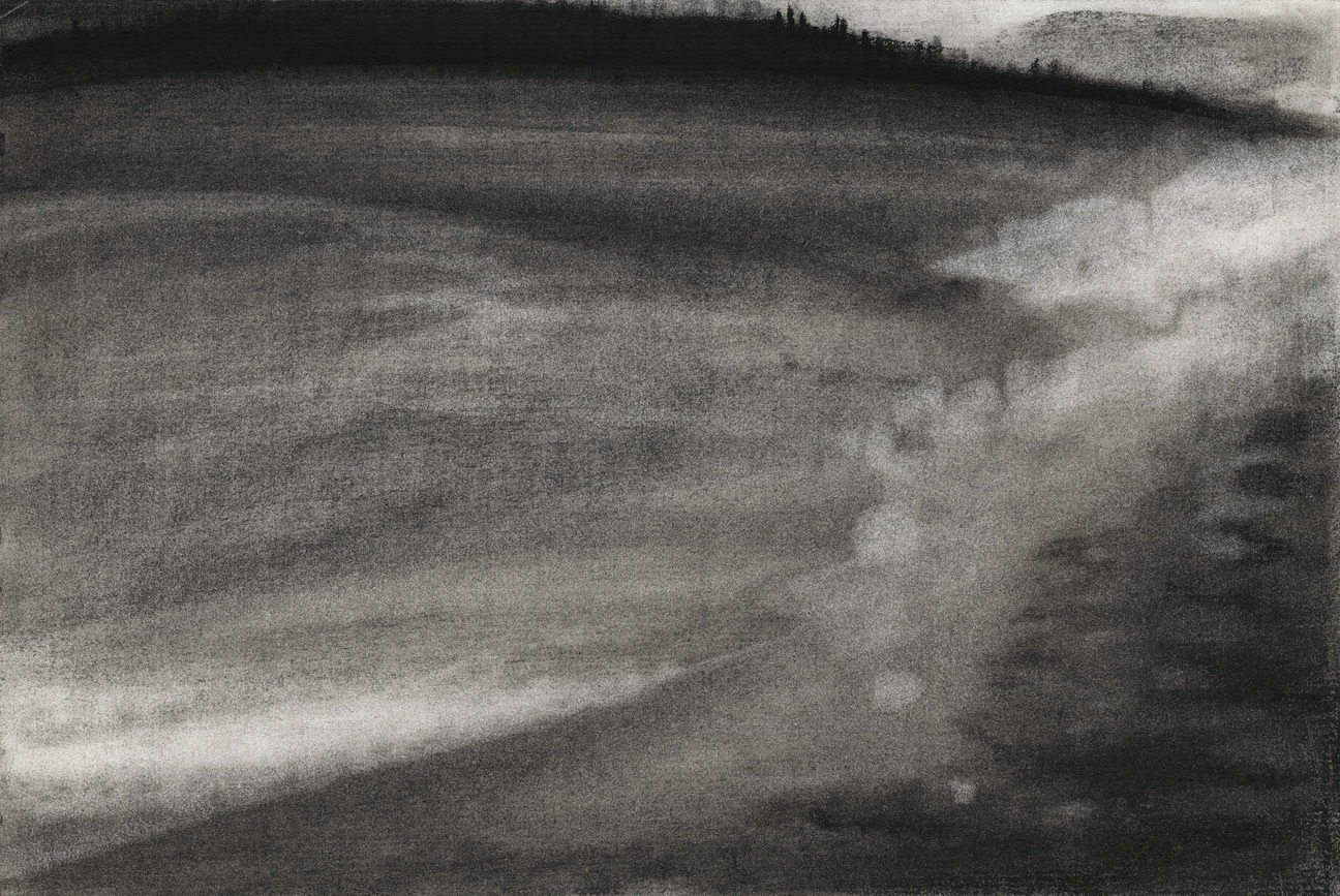 Charcoal landscape drawing of the shoreline and sea