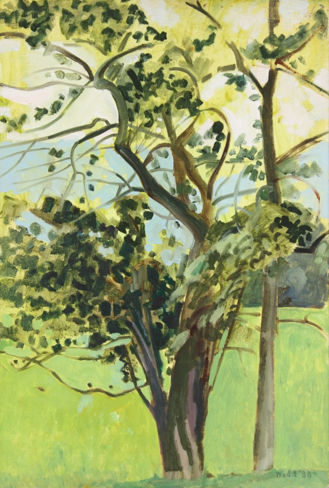 Painting of a tree in a green field