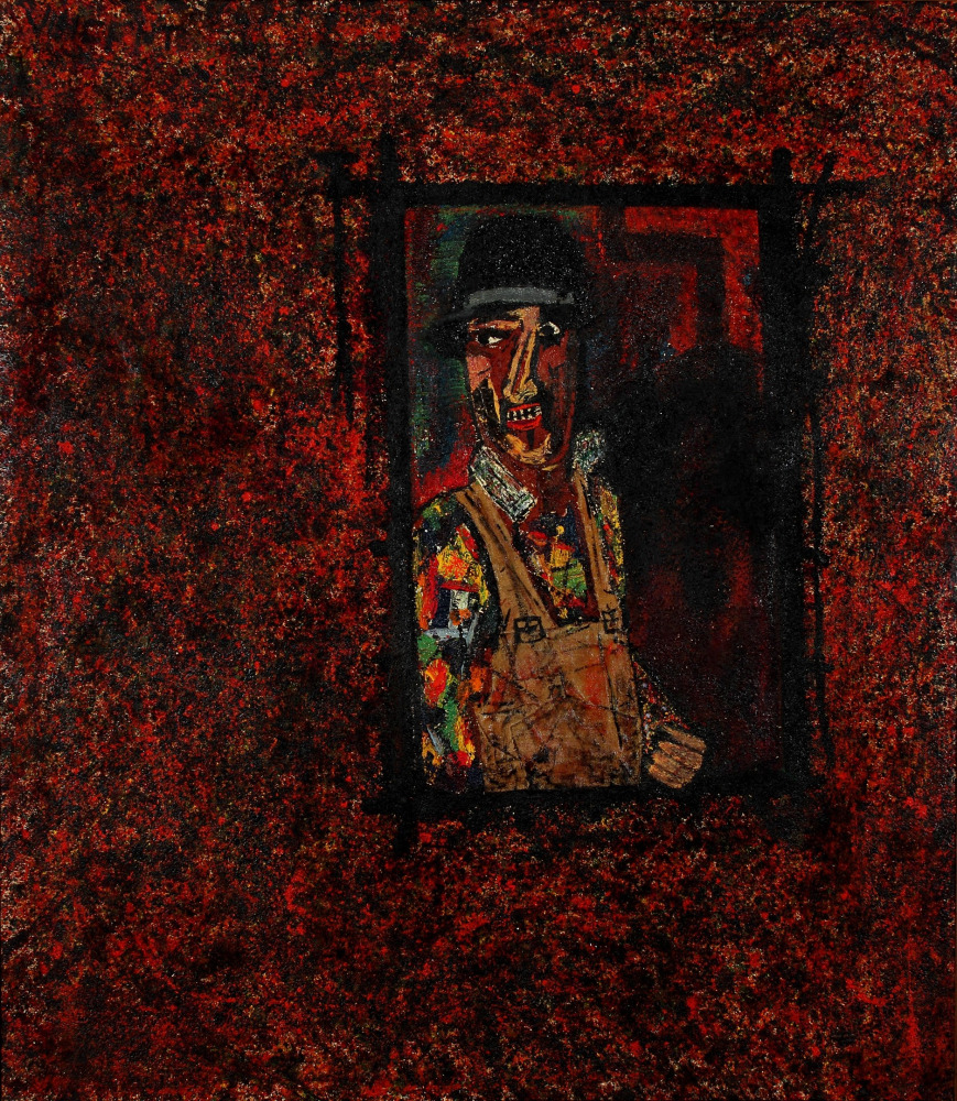 Abstracted, expressionist painting of a figure inside a window set into a deep red, textured wall