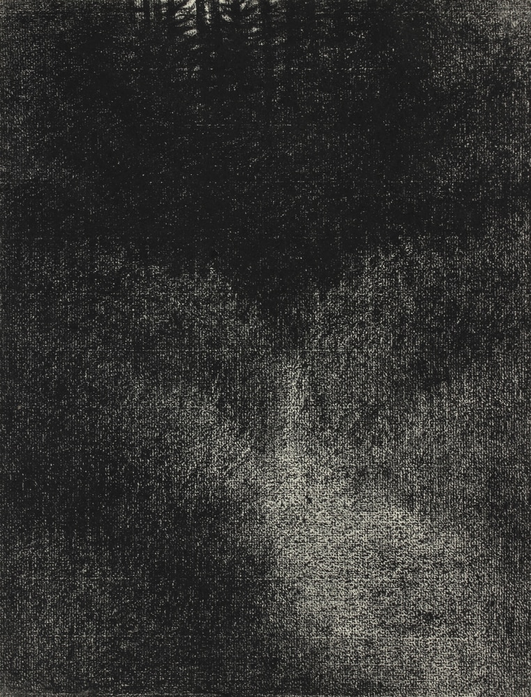 Atmospheric charcoal landscape drawing of a nocturnal scene, showing a path surrounded by grass leading into a forest