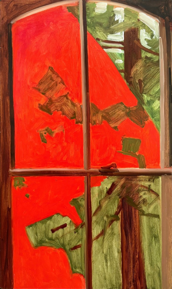Red Maple in Window, 1986, oil on Masonite, 20 x 12 inches