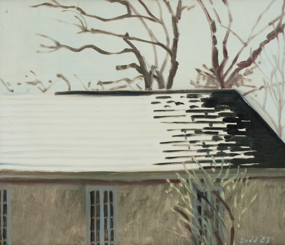 Painting of a building with snow on part of the roof and bare trees and a grey sky in the background