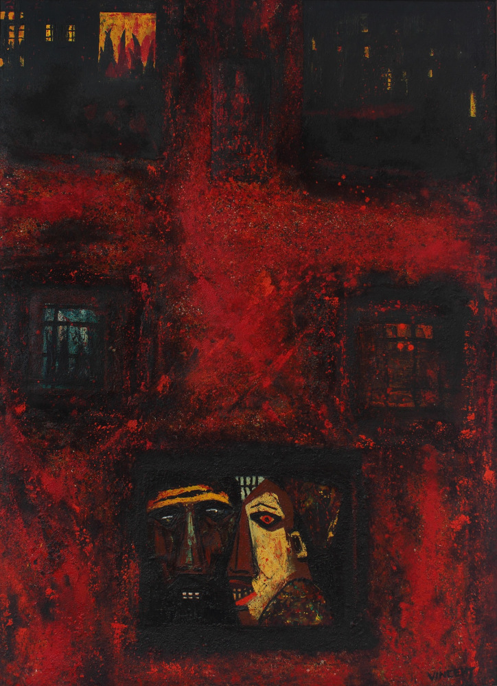 Abstracted, expressionist painting of two figure inside a window set into a deep red, textured wall