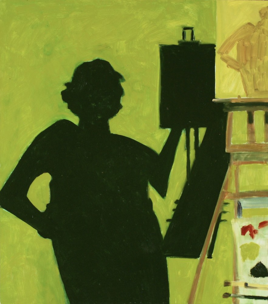 Painting of the shadow of a painter at an easel cast onto a patch of bright green grass, with the easel itself partially visible on the right side of the canvas