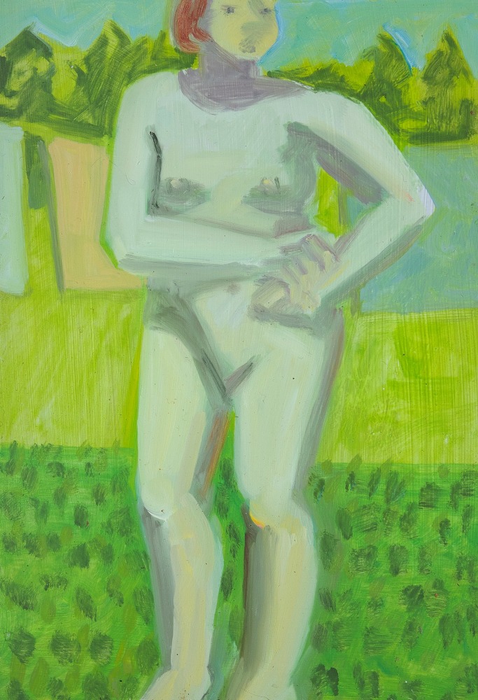 Painting of a nude figure standing outside in the grass, with a laundry line behind