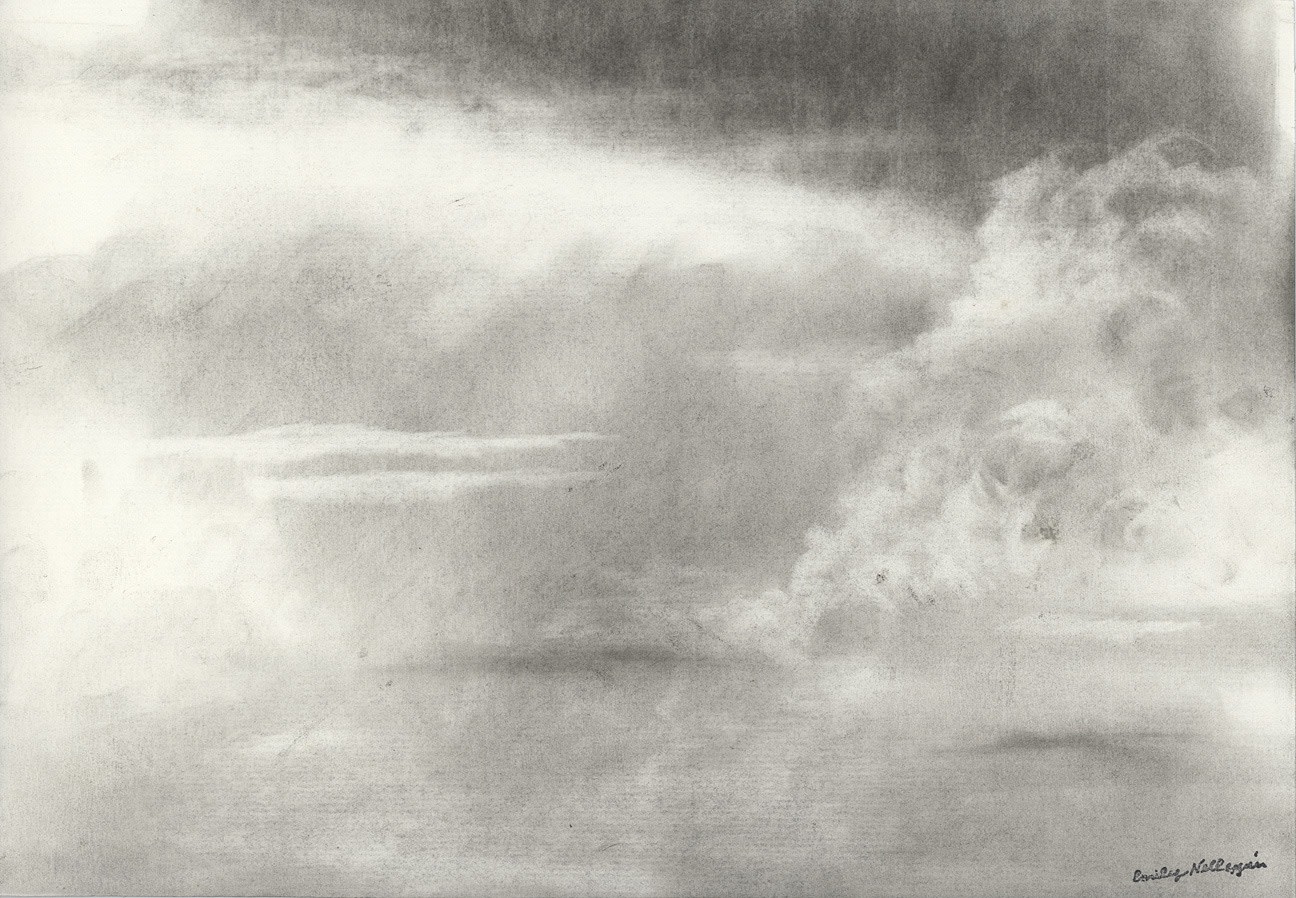 Charcoal drawing a hazy sky with soft clouds