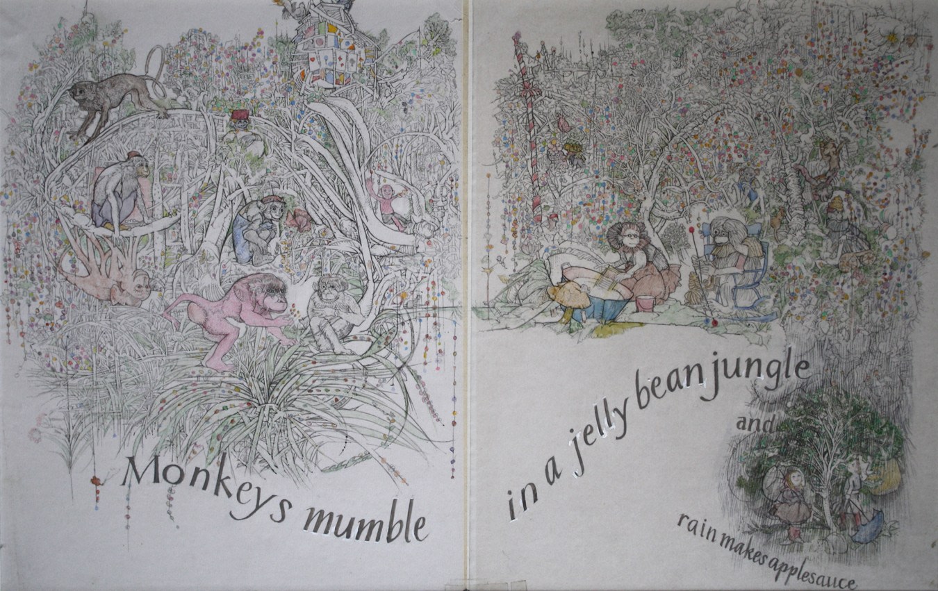 Marvin Bileck,&amp;nbsp;Monkeys Mumble in a Jelly Bean Jungle and Rain Makes Applesauce, 1964, graphite on colored pencil on paper, 9 1/2 x 15 inches