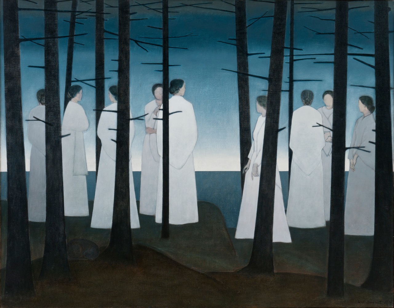 Painting of a group of women dressed in white standing in a dark forest overlooking a seascape