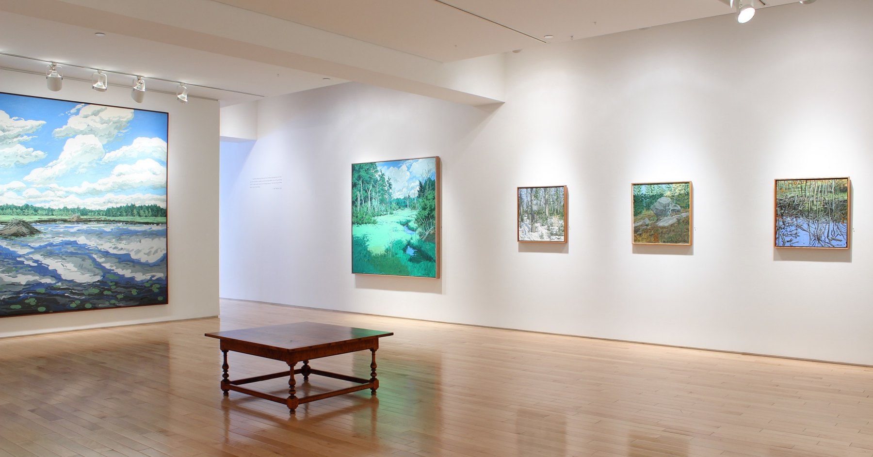 Photograph showing a corner view of an exhibition with five paintings hanging on white walls