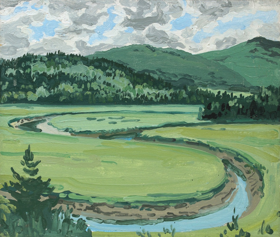Landscape painting of a river winding through a large green meadow, with green hills and mountains in the background